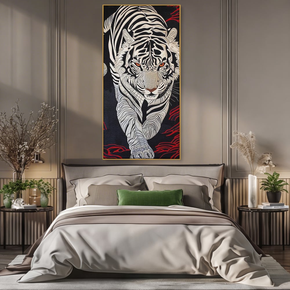 Tablou Canvas Vertical cu Tigru Alb pe Fundal Negru, Negru si Alb, M1429